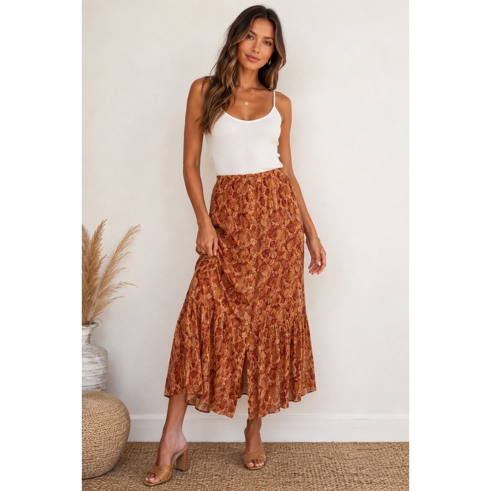Daniel Rainn Boho Maxi Skirt Womens S Orange Snakeskin Mesh Overlay Button Front